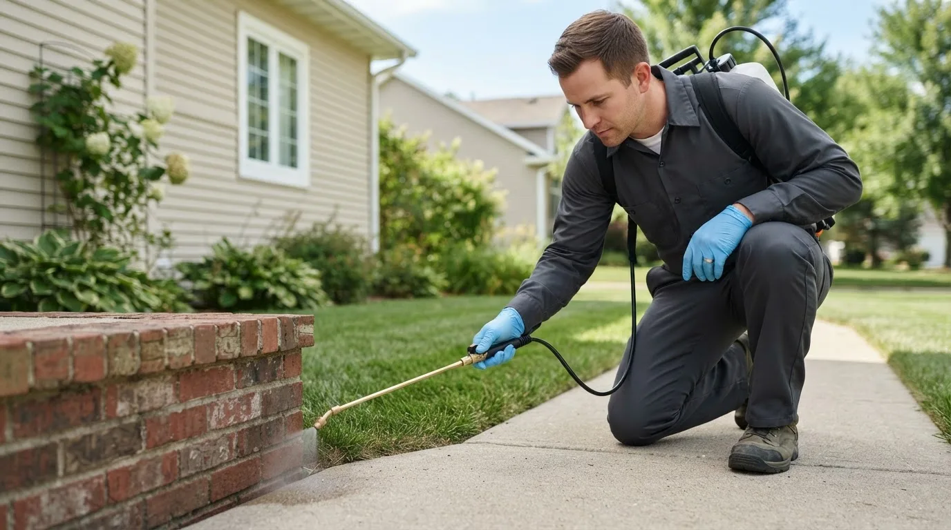 Pest control technician treating a home near Mahnomen, MN